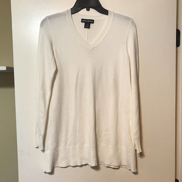 DKNY Ivory Long-Sleeve V-Neck Sweater Tunic SzS Pre-Owned - Picture 1 of 8